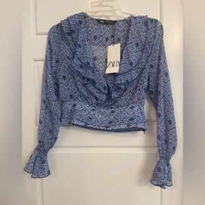 Zara New with Tags Ruffled Dusty Blue Print Blouse size:XS